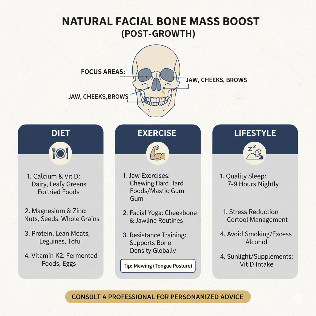 Facial Bone Mass, Jawline, Bone Density, Mewing, Oral Posture, Nutrition, Calcium, Vitamin D, Mastication, Bone Health, Natural Enhancement, Health Guide, Wellness