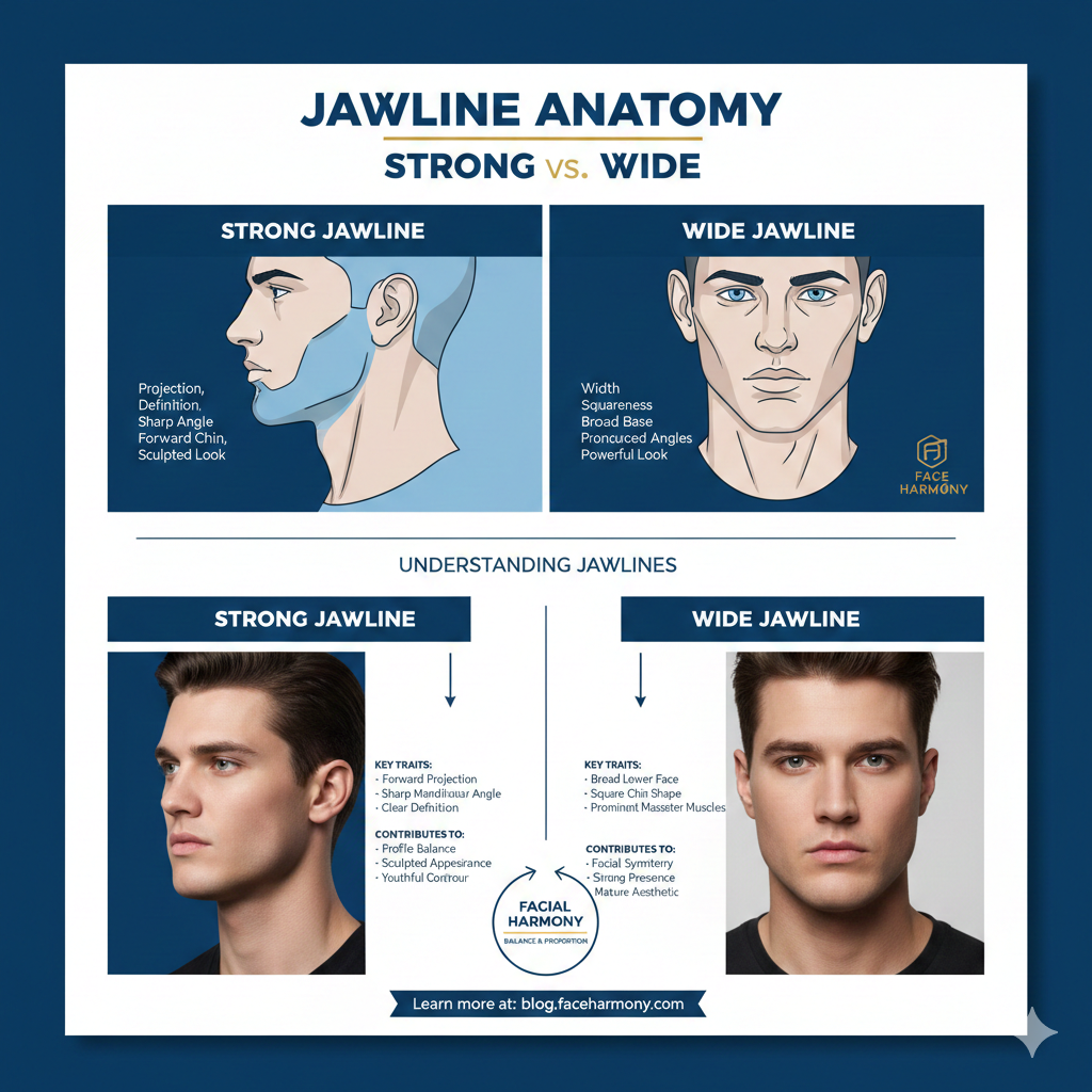 Strong Jawline vs Wide Jawline Understand the critical distinction between a 'strong' jawline (defined by projection and definition) and a 'wide' jawline (defined by width and squareness), and how each contributes to facial harmony.