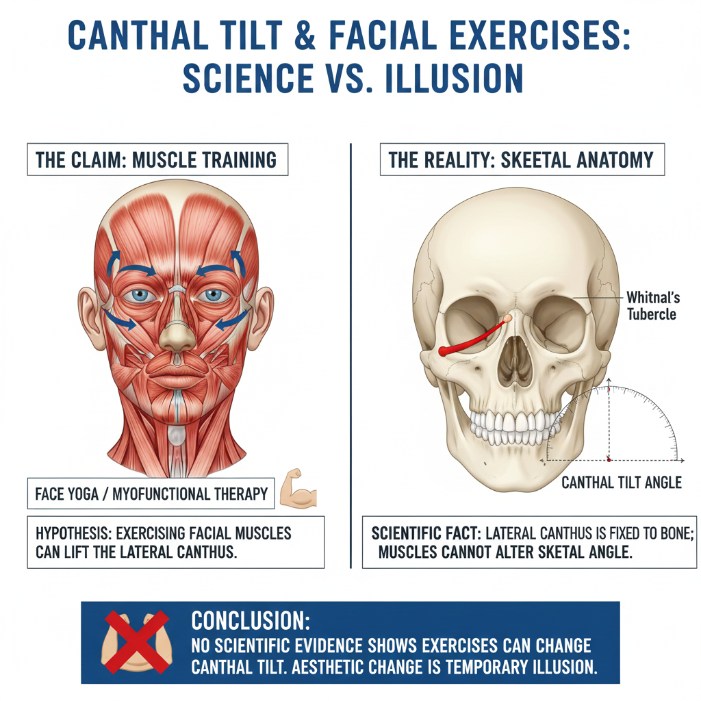 Title: Can You Change Your Canthal Tilt Naturally with Exercises? A Critical, Science-Based Review of Face Yoga and Myofunctional Therapy
Meta Description: A 2000+ word deep dive into the anatomical and scientific limitations of using facial exercises, face yoga, and myofunctional therapy to alter the canthal tilt, separating aesthetic illusion from structural reality.
Tags: CanthalTilt, FacialExercises, FaceYoga, MyofunctionalTherapy, LateralCanthus, SkeletalChange, AnatomicalLimitations, AestheticIllusion, ScientificEvidence, MuscleHypertrophy, OrbitalBone, Health, Science, SelfImprovement
Key phrase : Change Canthal Tilt Naturally
